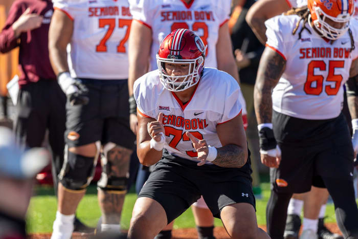 Jan 30, 2024; Mobile, AL, USA; National offensive lineman Sataoa Laumea of Utah (73) drills during practice for the National team at Hancock Whitney Stadium. Mandatory Credit: Vasha Hunt-USA TODAY Sports